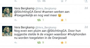 Vera twittert: Nog even een pluim aan #StichtingGA. Door hun suggestie stelde ik de vragen waardoor #hulphonden nu worden toegelaten in de Oranjezaal!